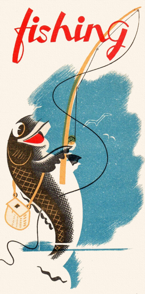 Old fashioned stock illustration of a fish fishing. The image says "fishing" in red lettering